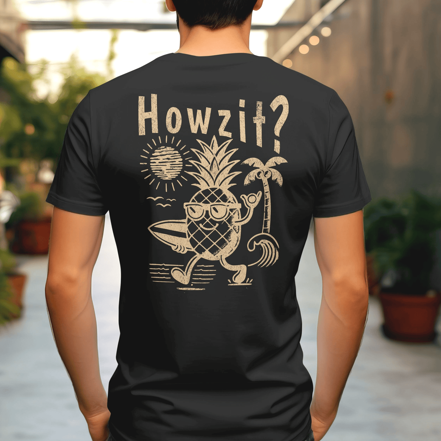 Howzit? Pineapple Shaka, Hawaii, Back Print T-Shirt Black / S