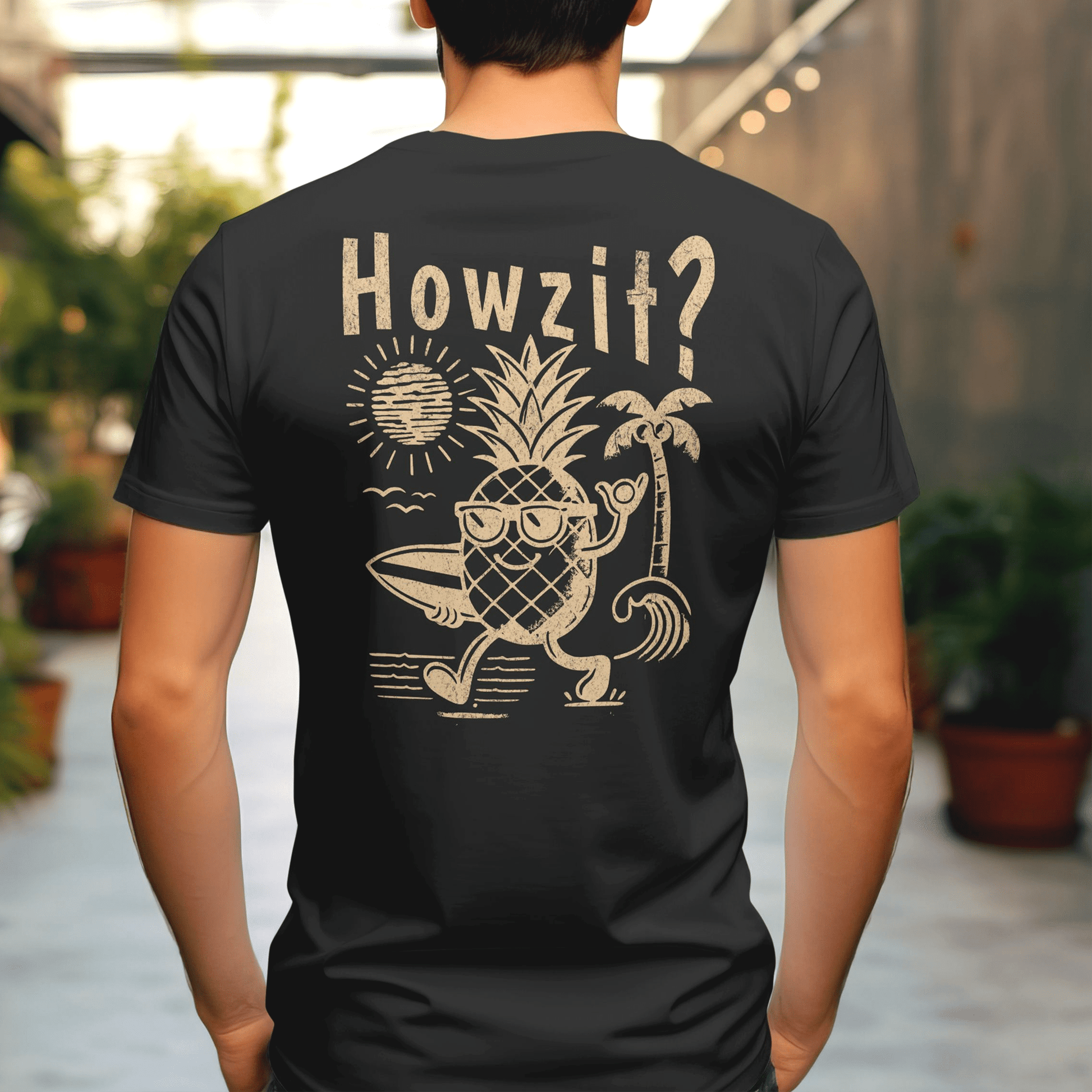 Howzit? Pineapple Shaka, Hawaii, Back Print T-Shirt Black / S