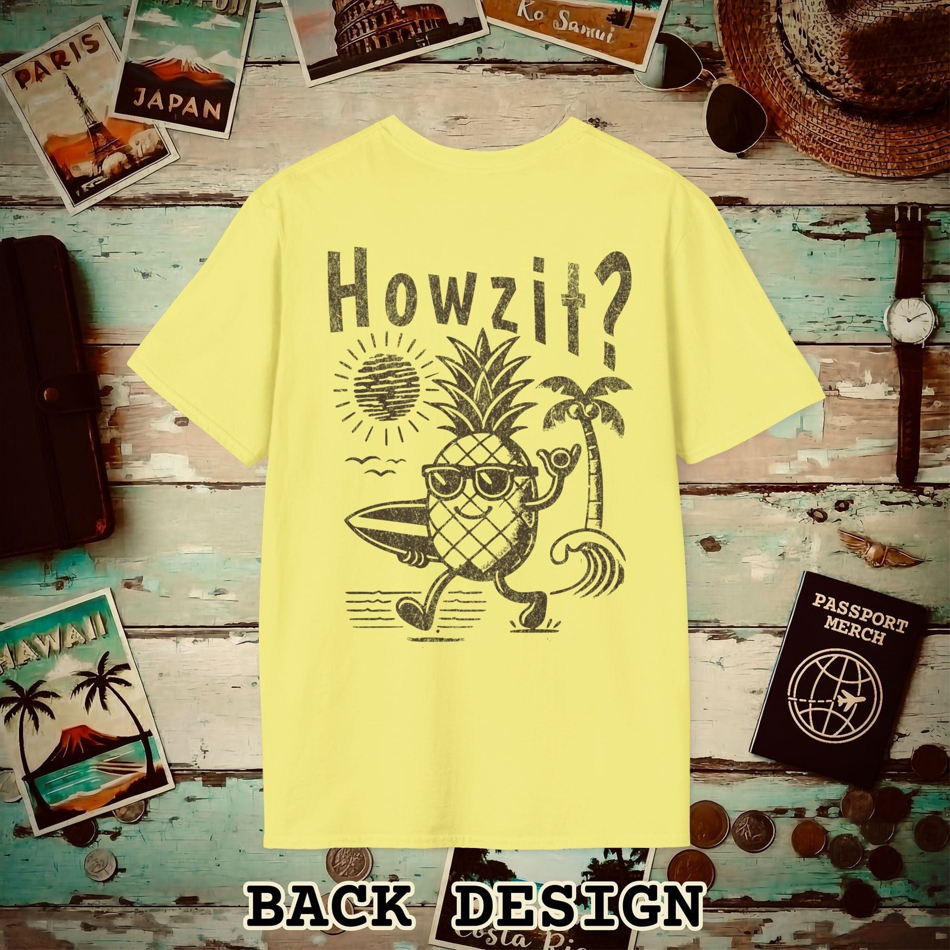 Howzit? Pineapple Shaka, Hawaii, Back Print T-Shirt Cornsilk / S