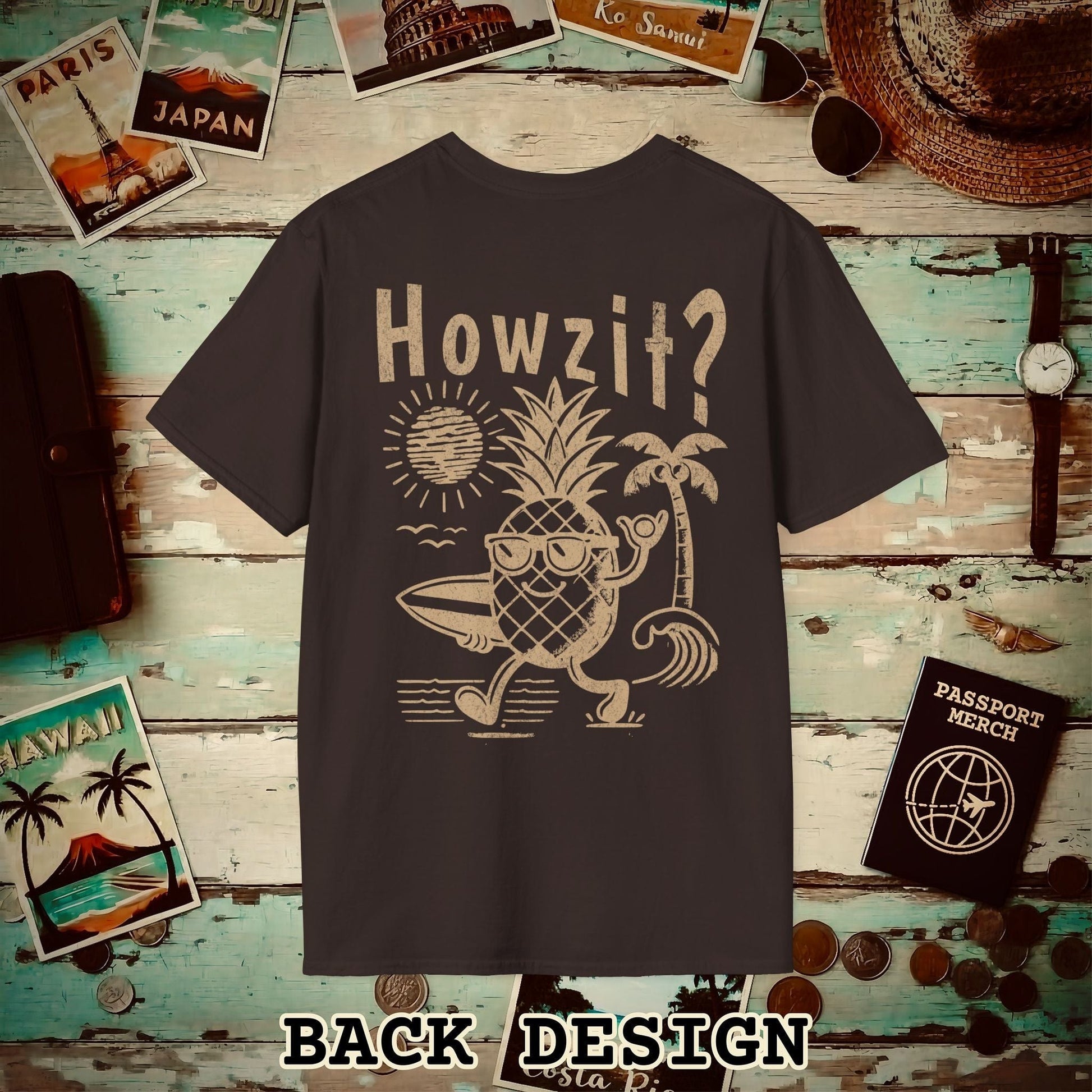 Howzit? Pineapple Shaka, Hawaii, Back Print T-Shirt Dark Chocolate / S