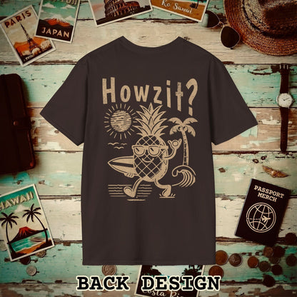 Howzit? Pineapple Shaka, Hawaii, Back Print T-Shirt Dark Chocolate / S