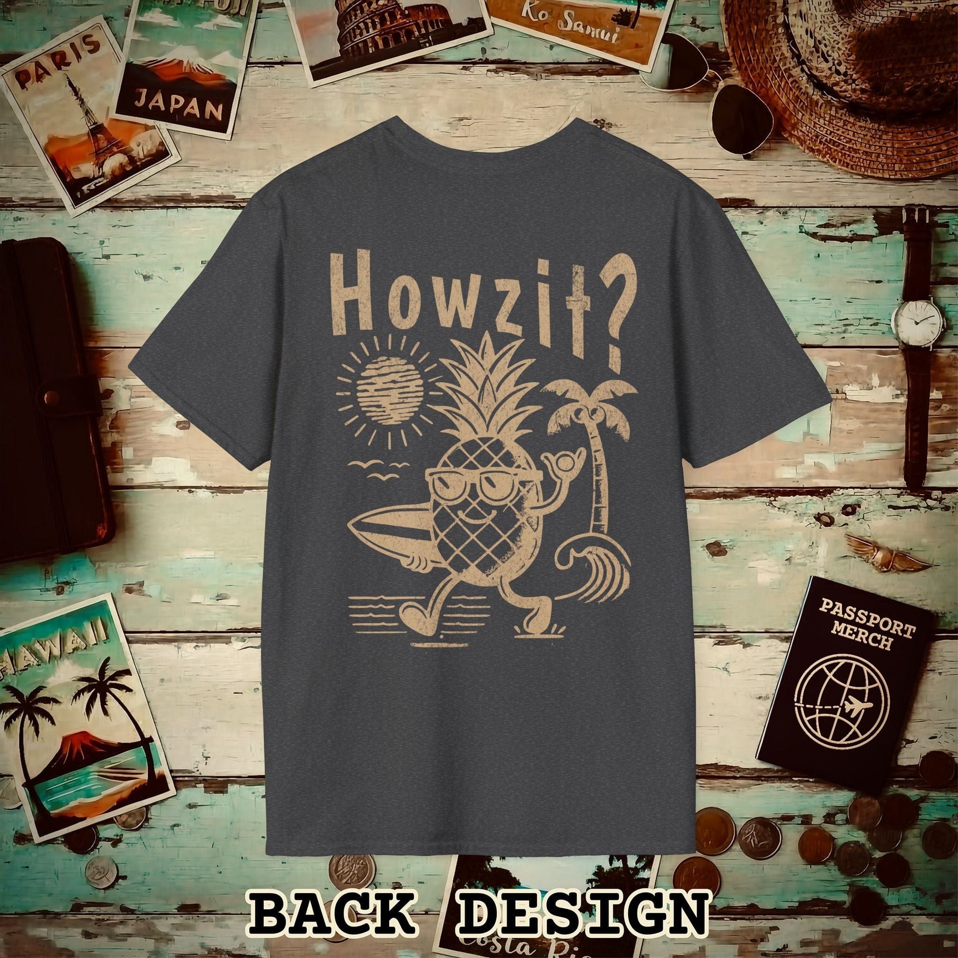 Howzit? Pineapple Shaka, Hawaii, Back Print T-Shirt Dark Heather / S