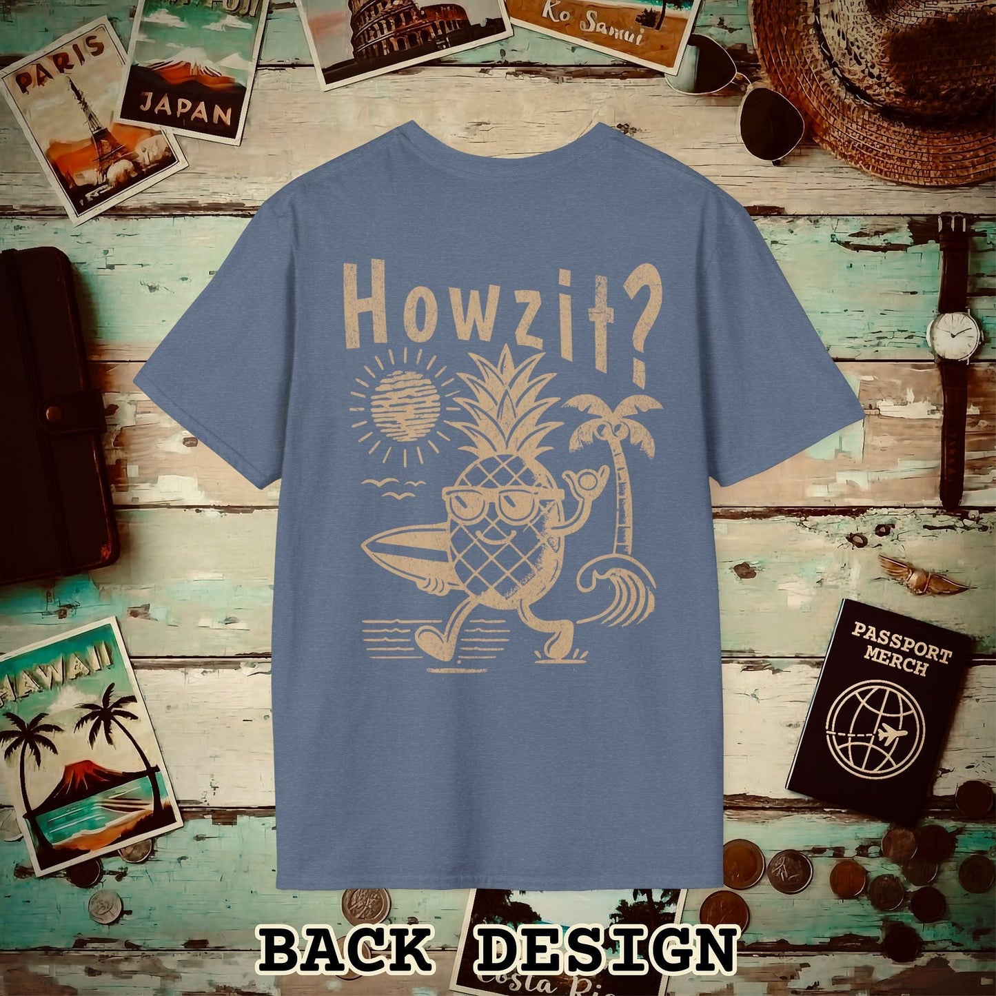 Howzit? Pineapple Shaka, Hawaii, Back Print T-Shirt Heather Indigo / S