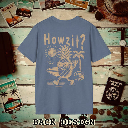 Howzit? Pineapple Shaka, Hawaii, Back Print T-Shirt Heather Indigo / S