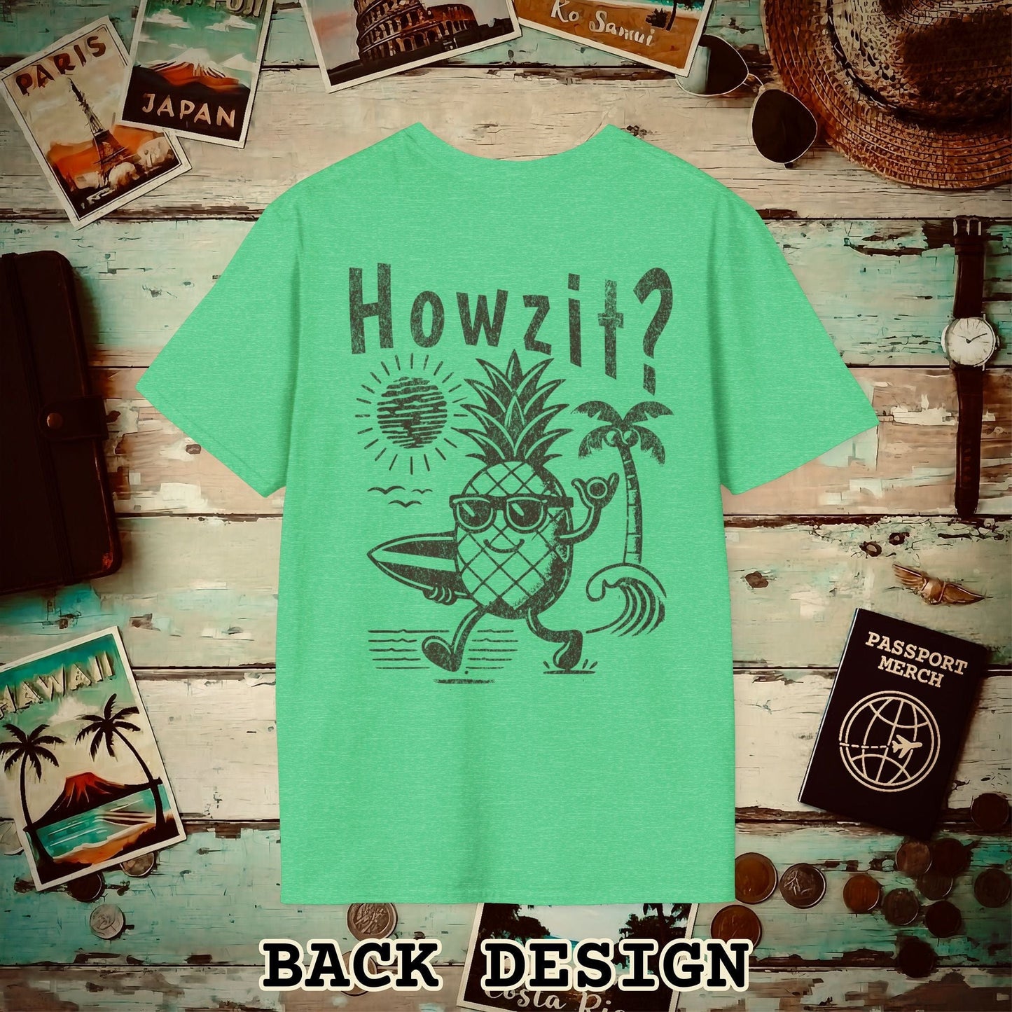 Howzit? Pineapple Shaka, Hawaii, Back Print T-Shirt Heather Irish Green / S