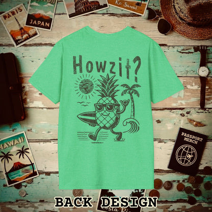 Howzit? Pineapple Shaka, Hawaii, Back Print T-Shirt Heather Irish Green / S
