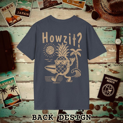 Howzit? Pineapple Shaka, Hawaii, Back Print T-Shirt Heather Navy / S