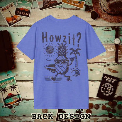 Howzit? Pineapple Shaka, Hawaii, Back Print T-Shirt Heather Royal / S