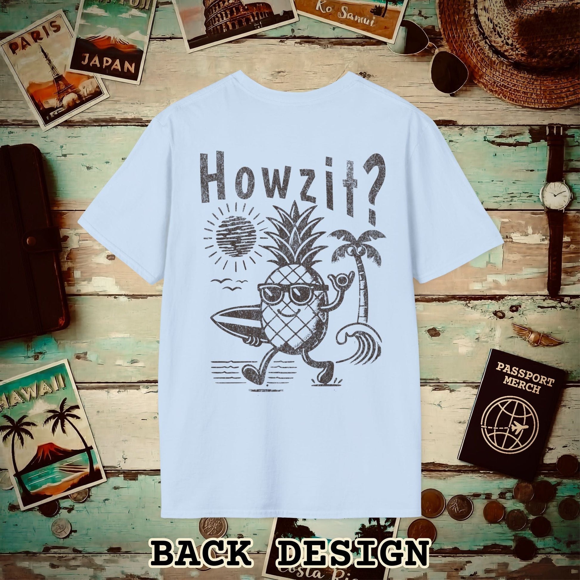 Howzit? Pineapple Shaka, Hawaii, Back Print T-Shirt Light Blue / S