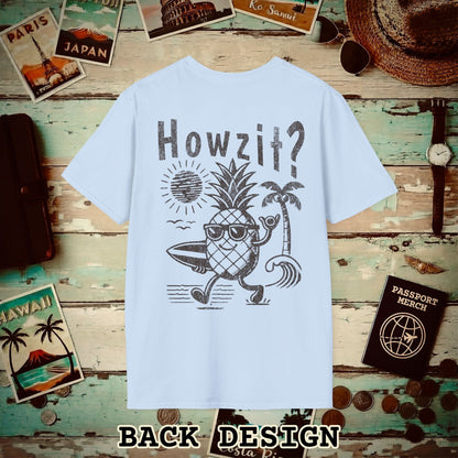 Howzit? Pineapple Shaka, Hawaii, Back Print T-Shirt Light Blue / S