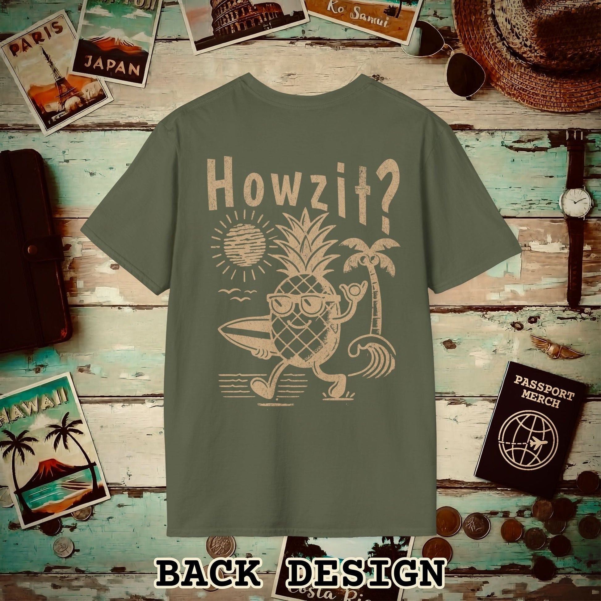 Howzit? Pineapple Shaka, Hawaii, Back Print T-Shirt Military Green / S