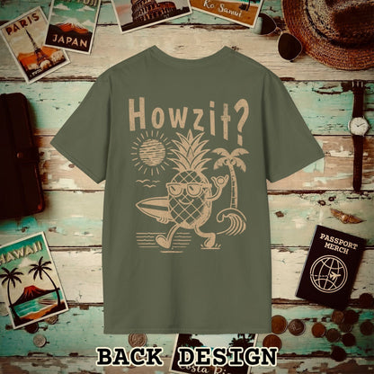 Howzit? Pineapple Shaka, Hawaii, Back Print T-Shirt Military Green / S
