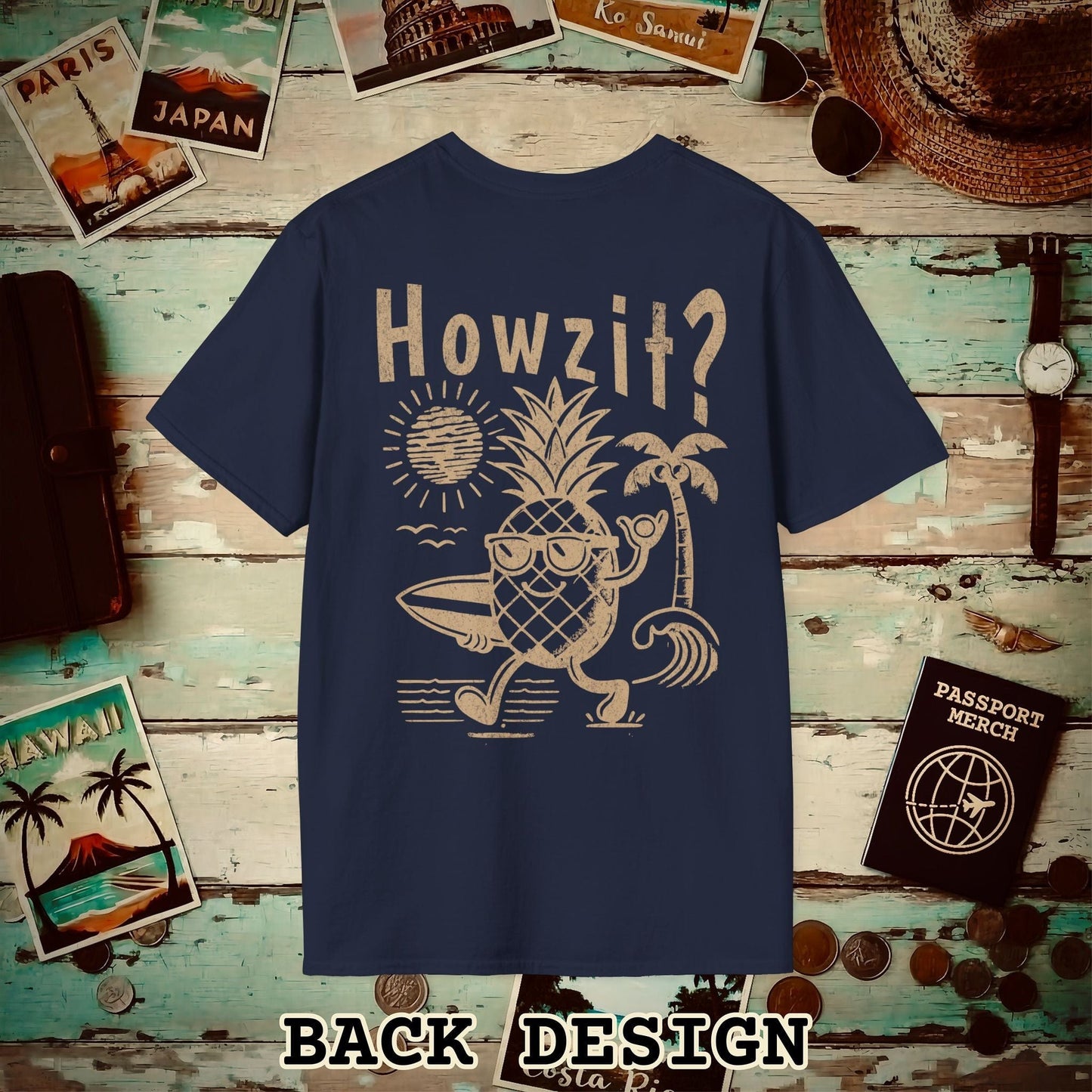 Howzit? Pineapple Shaka, Hawaii, Back Print T-Shirt Navy / S