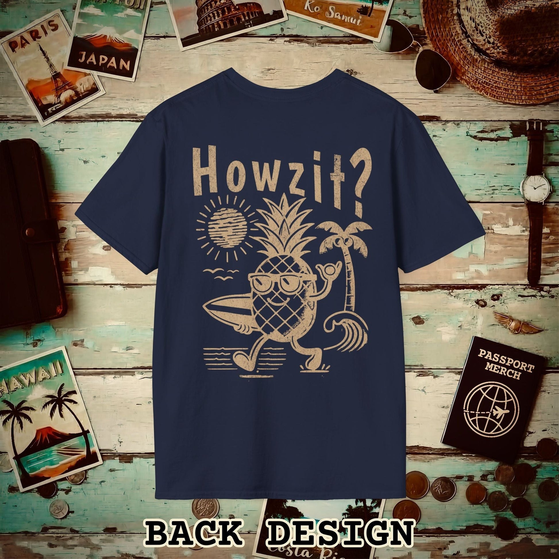 Howzit? Pineapple Shaka, Hawaii, Back Print T-Shirt Navy / S
