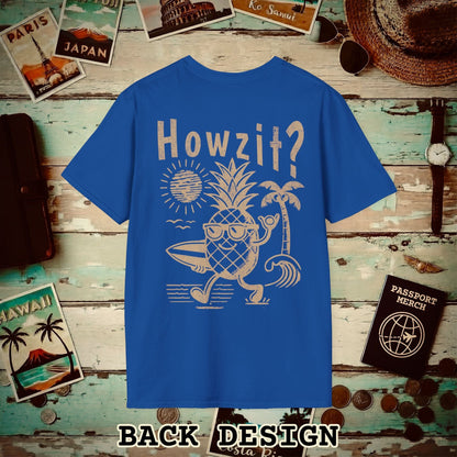 Howzit? Pineapple Shaka, Hawaii, Back Print T-Shirt Royal / S