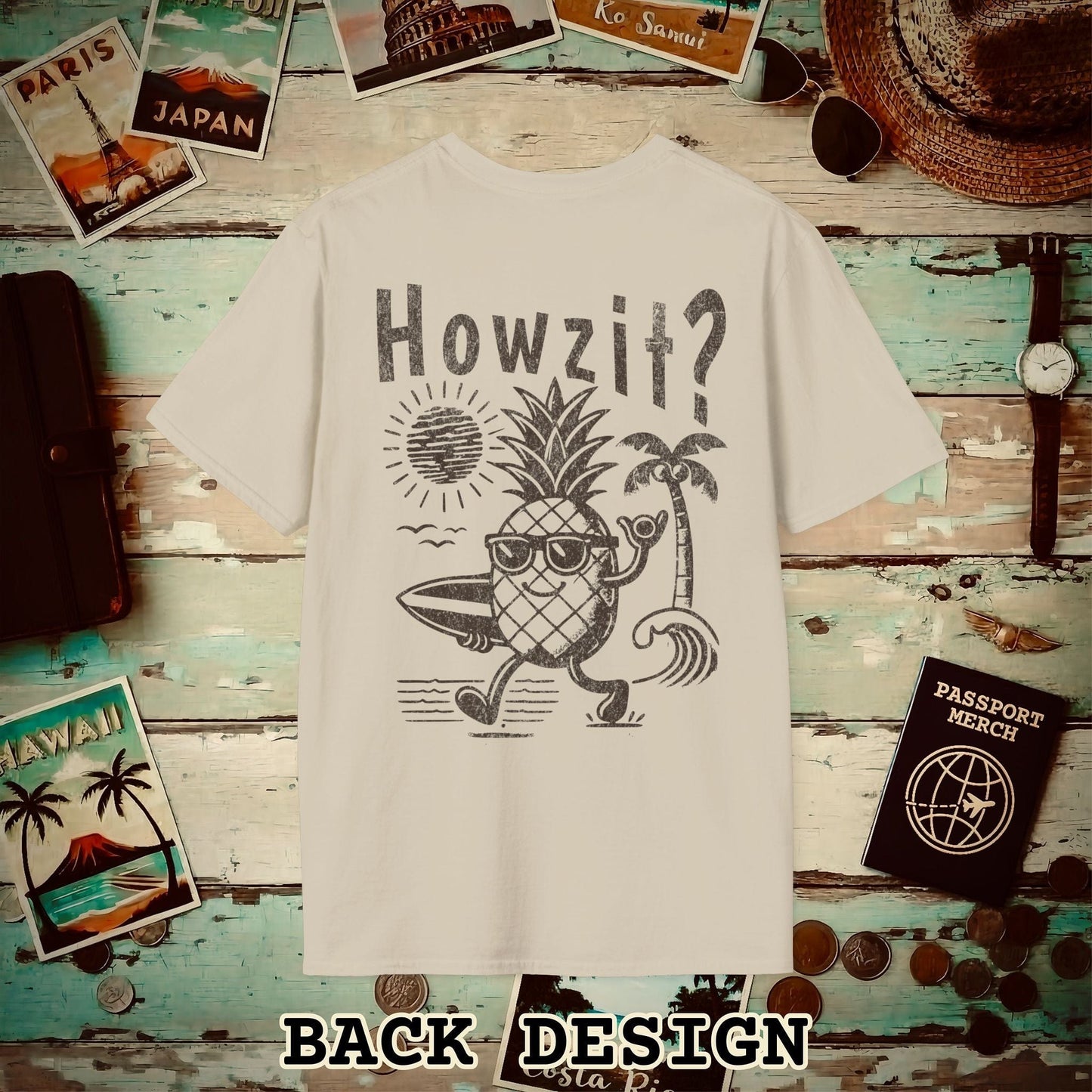 Howzit? Pineapple Shaka, Hawaii, Back Print T-Shirt Sand / S