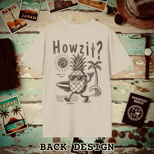 Howzit? Pineapple Shaka, Hawaii, Back Print T-Shirt Sand / S