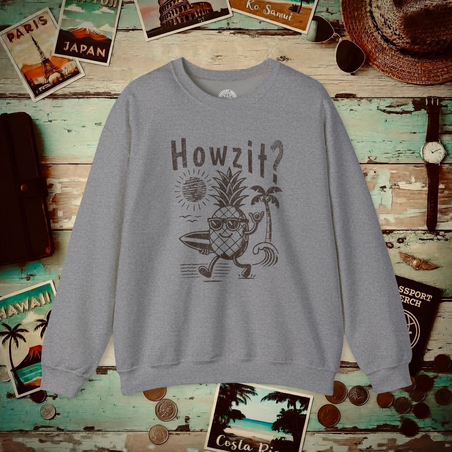 Howzit? Pineapple Shaka, Hawaii Crewneck Graphite Heather / S