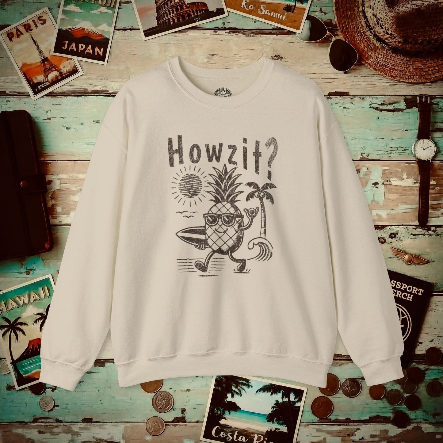 Howzit? Pineapple Shaka, Hawaii Crewneck Sand / S