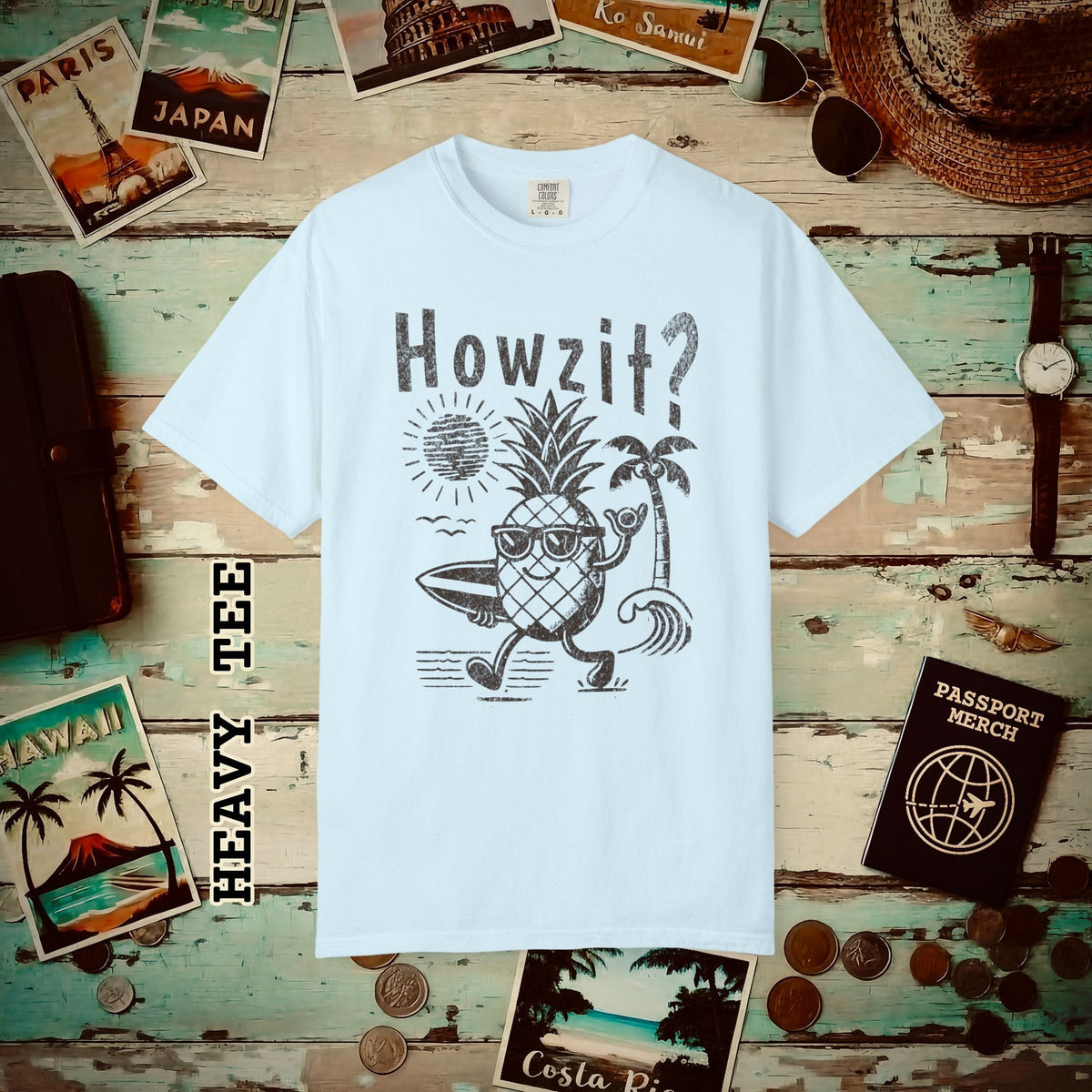 Howzit? Pineapple Shaka, Hawaii Heavy Tee Chambray / S