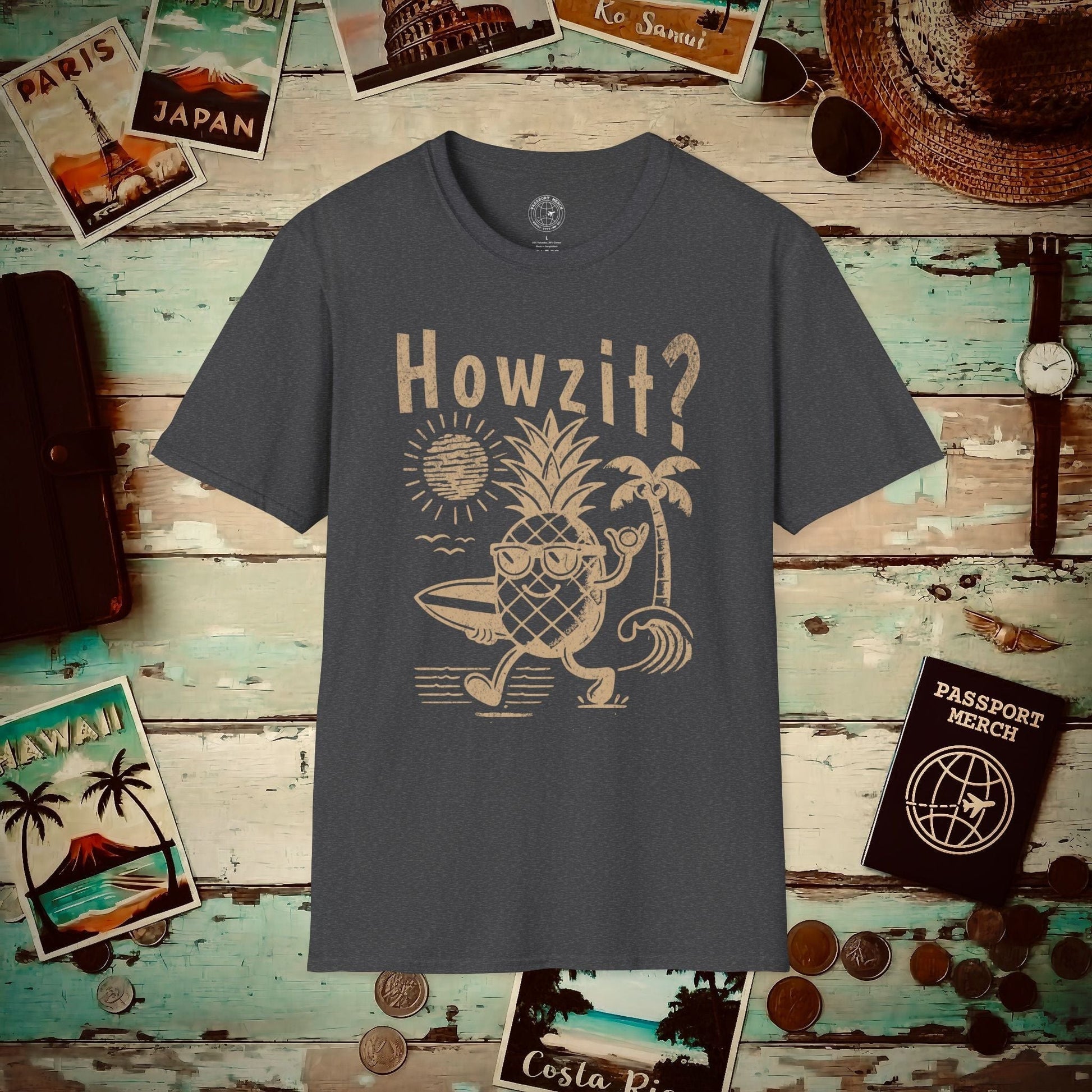 Howzit? Pineapple Shaka, Hawaii T-Shirt Dark Heather / S