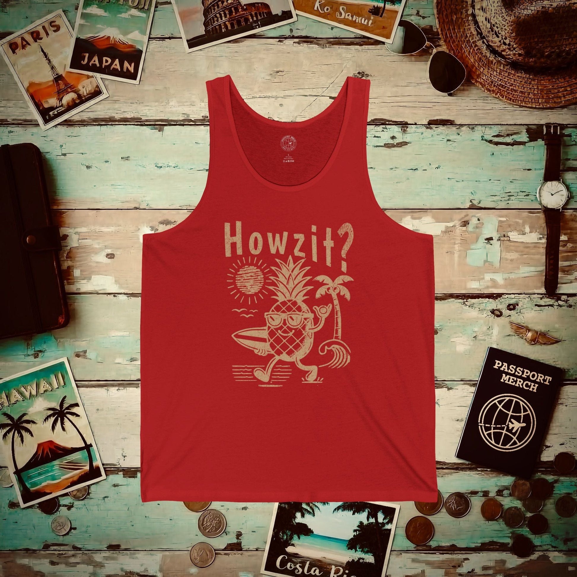Howzit? Pineapple Shaka, Hawaii Tank Top Red / XS