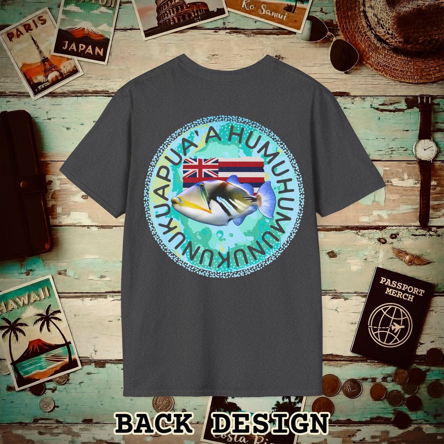 Humuhumunukunukuapua'a, Hawaii, Back Print T-Shirt Dark Heather / S