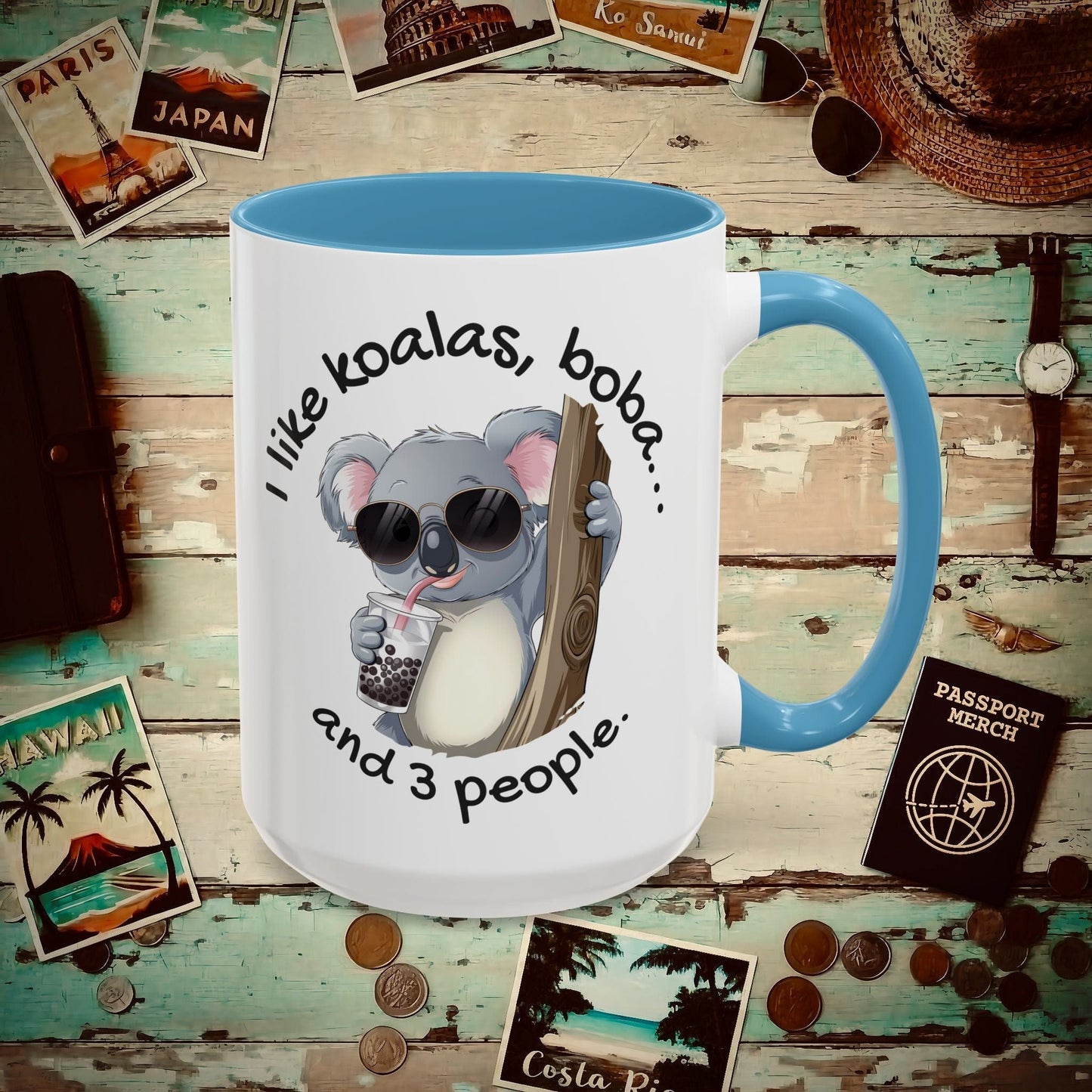 I like koalas, boba, and 3 people Australia 15oz Mug Light Blue / 15oz