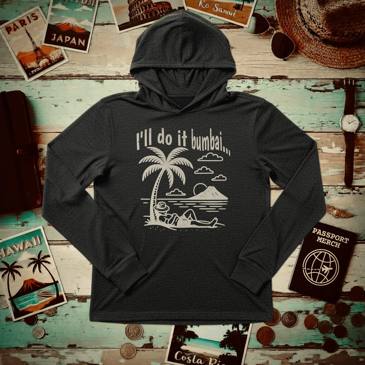 I'll do it bumbai, Hawaii Hooded Long Sleeve Charcoal Black TriBlend / XS