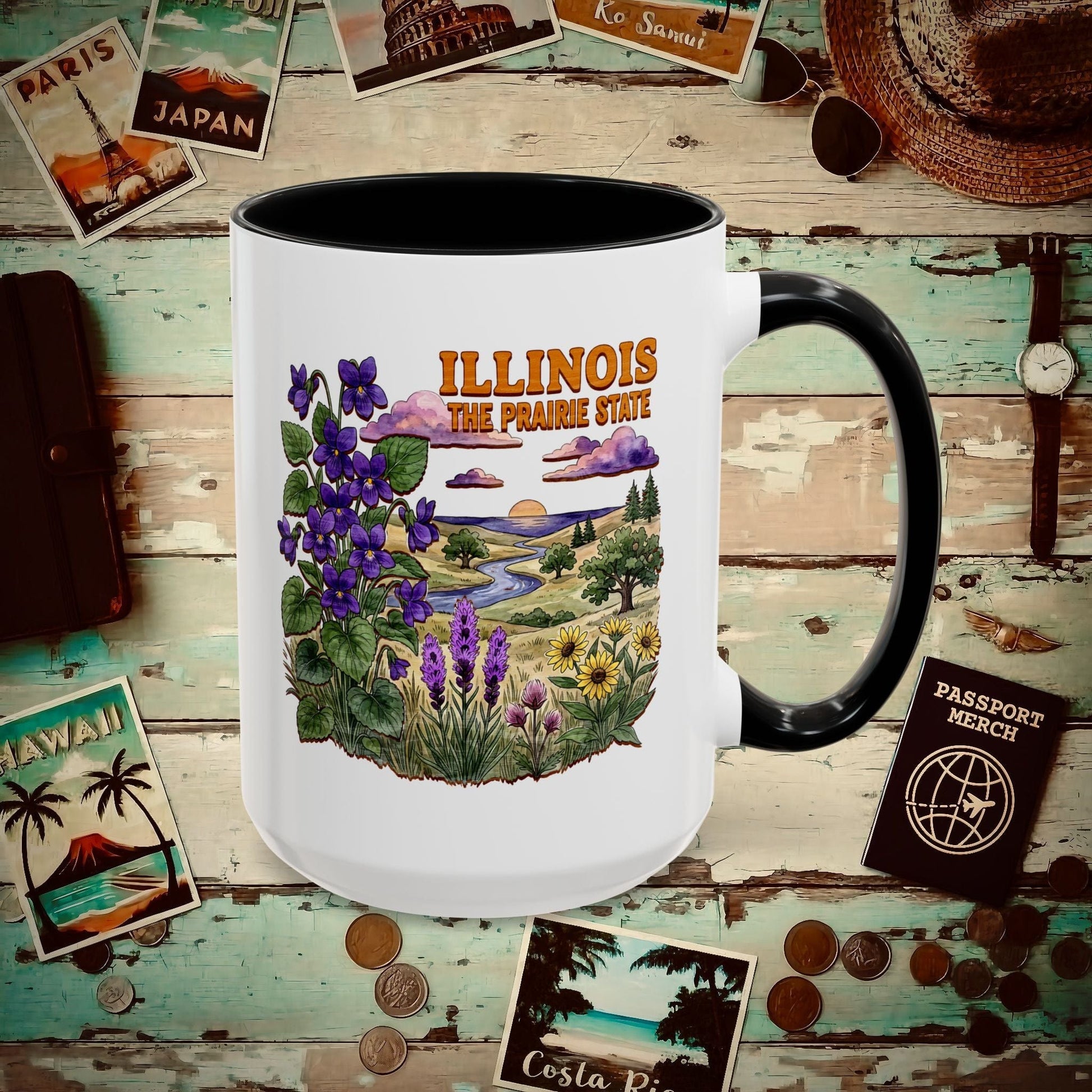 Illinois Flowers in Watercolored Oak 15oz Mug Black / 15oz