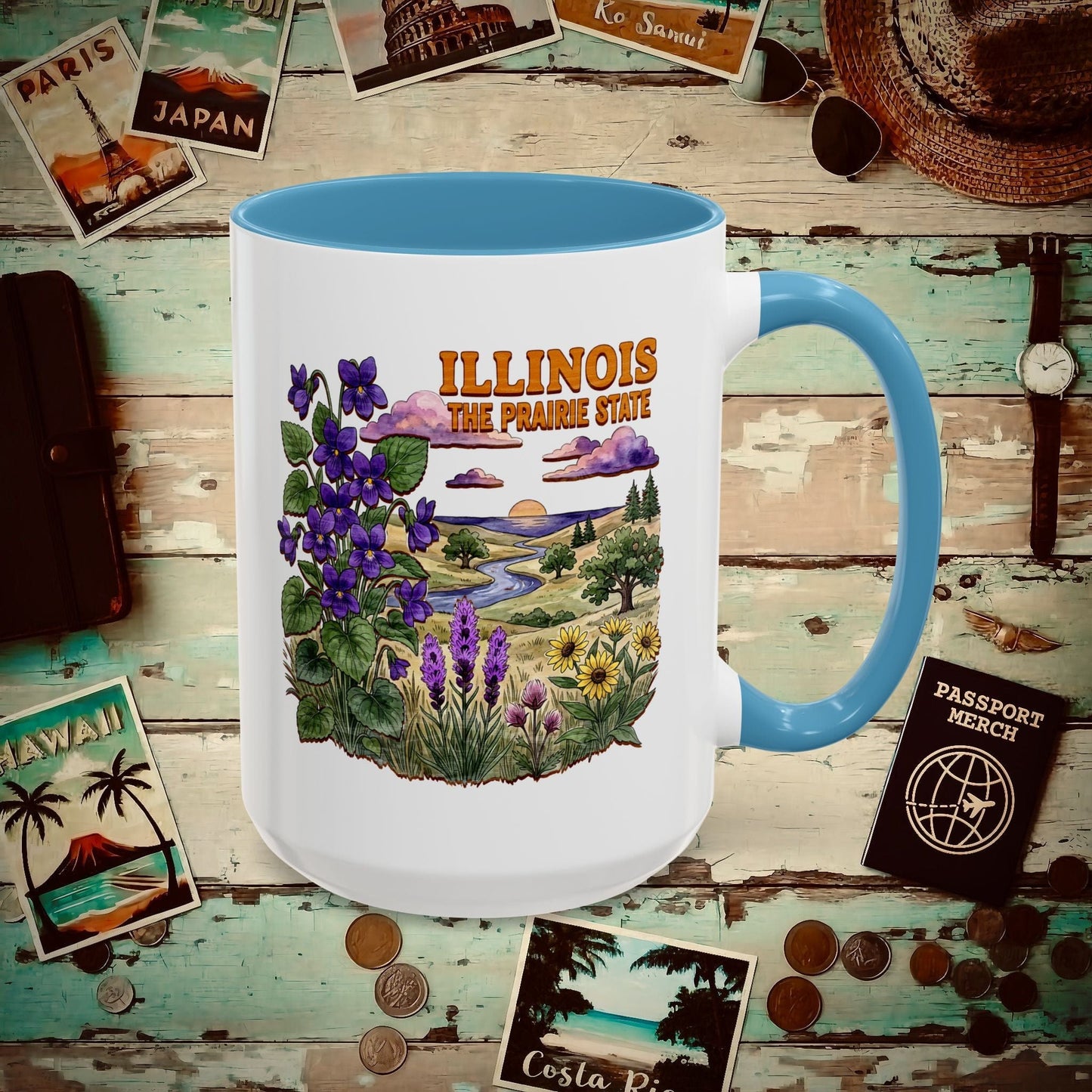 Illinois Flowers in Watercolored Oak 15oz Mug Light Blue / 15oz