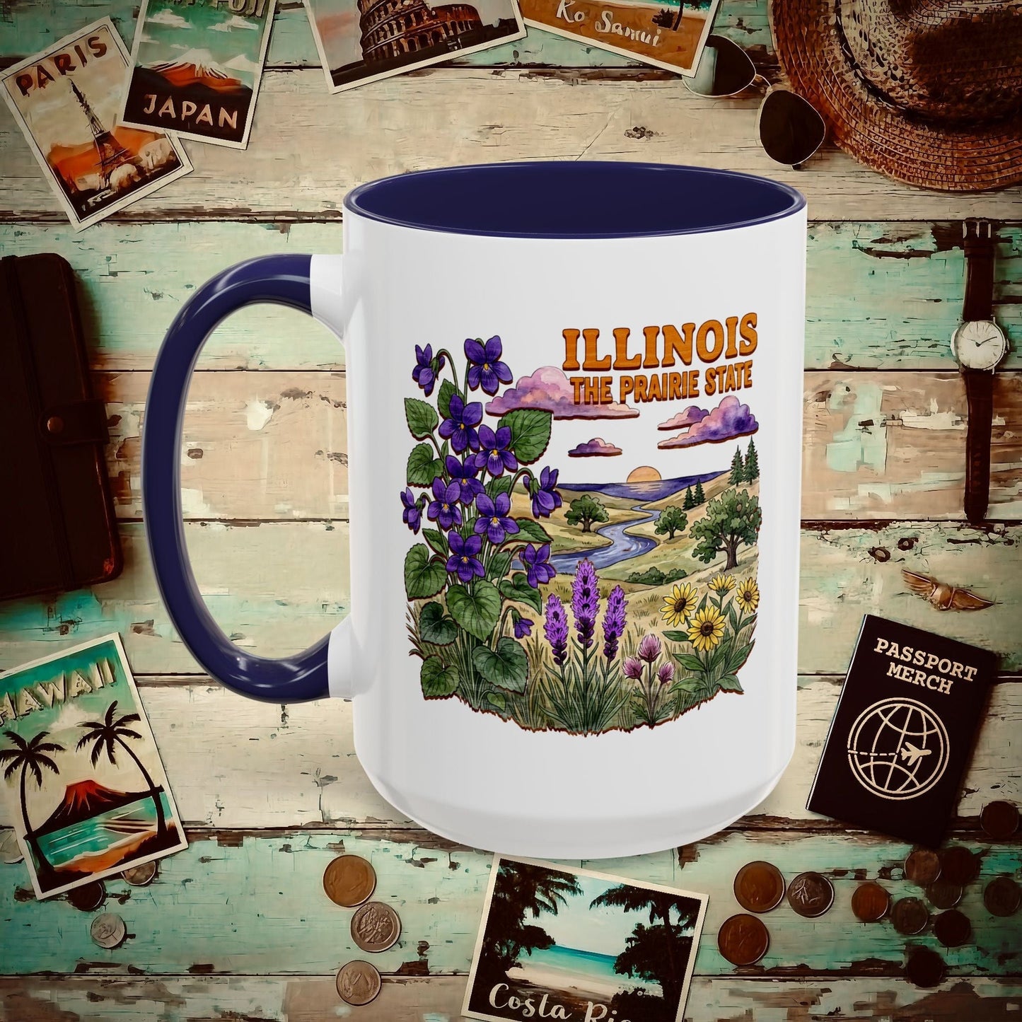 Illinois Flowers in Watercolored Oak 15oz Mug Navy / 15oz