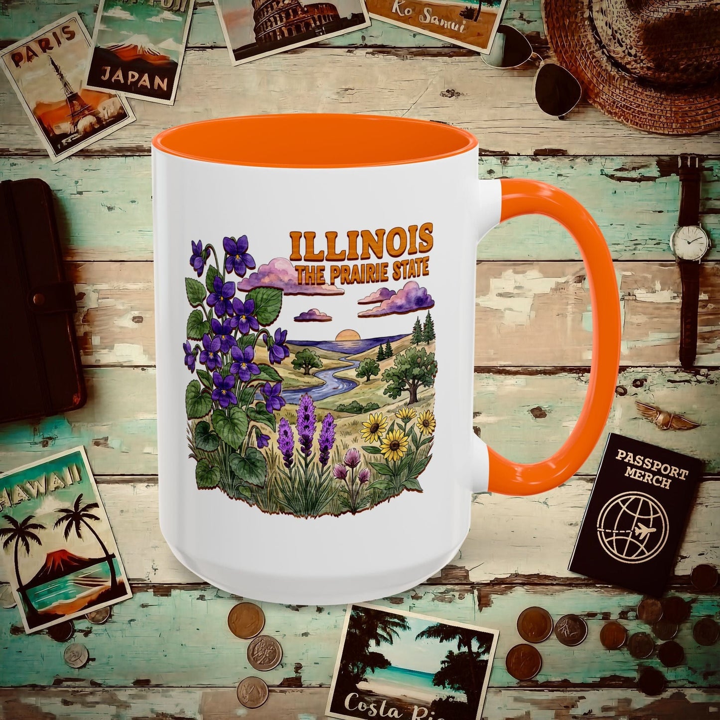 Illinois Flowers in Watercolored Oak 15oz Mug Orange / 15oz