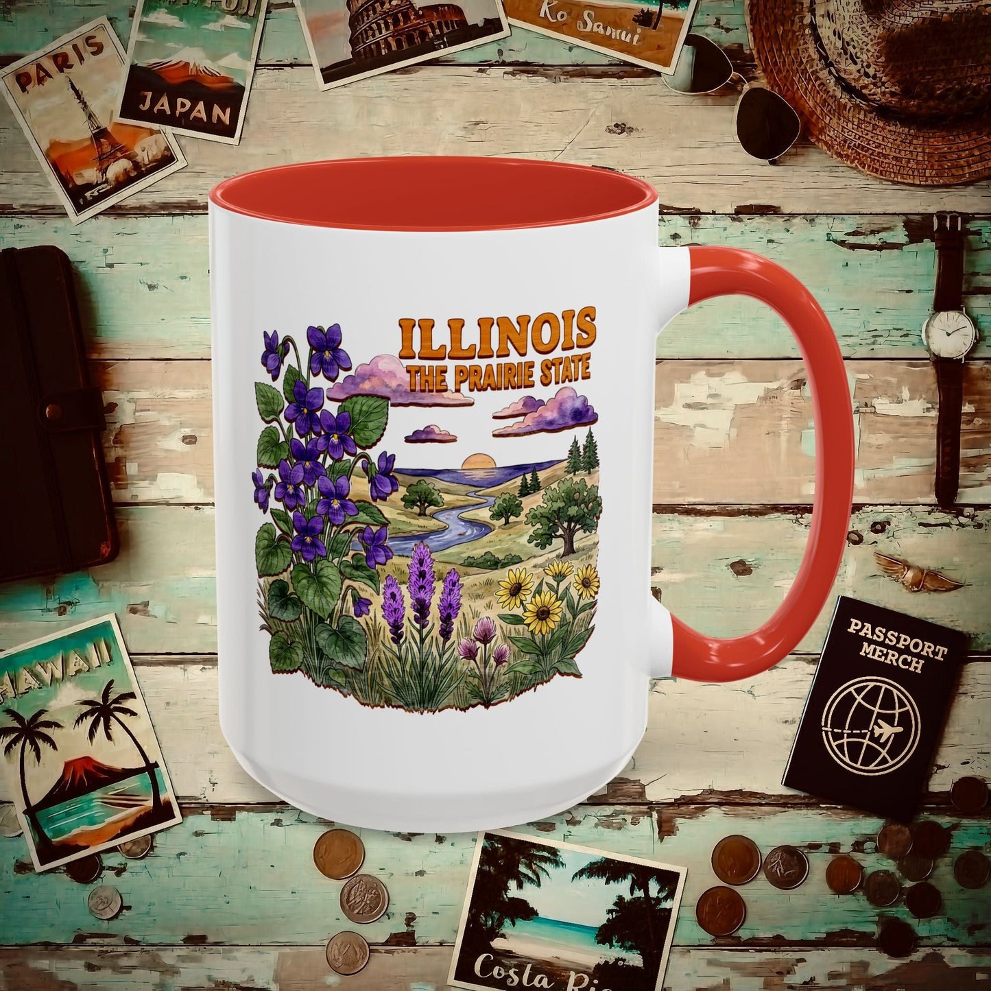 Illinois Flowers in Watercolored Oak 15oz Mug Red / 15oz