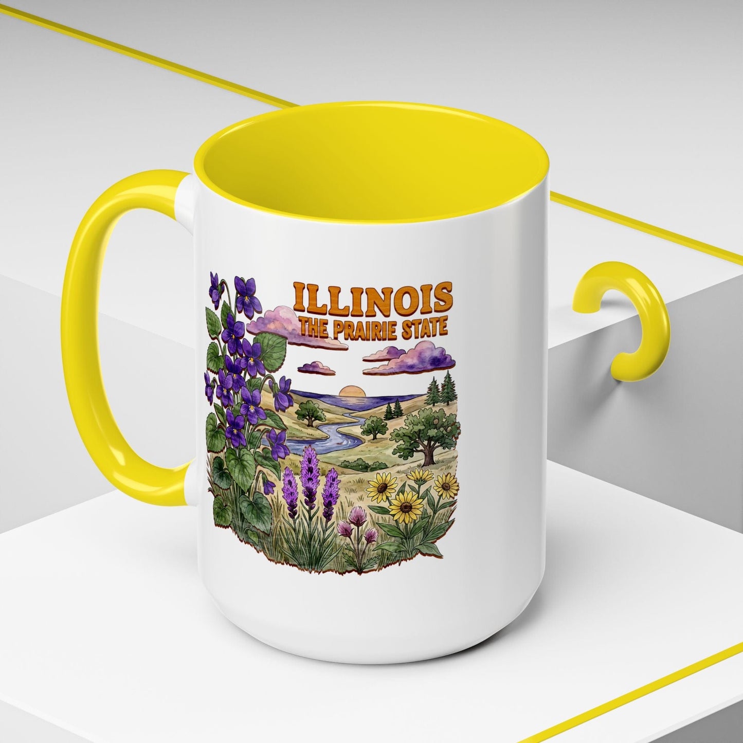 Illinois Flowers in Watercolored Oak 15oz Mug Yellow / 15oz