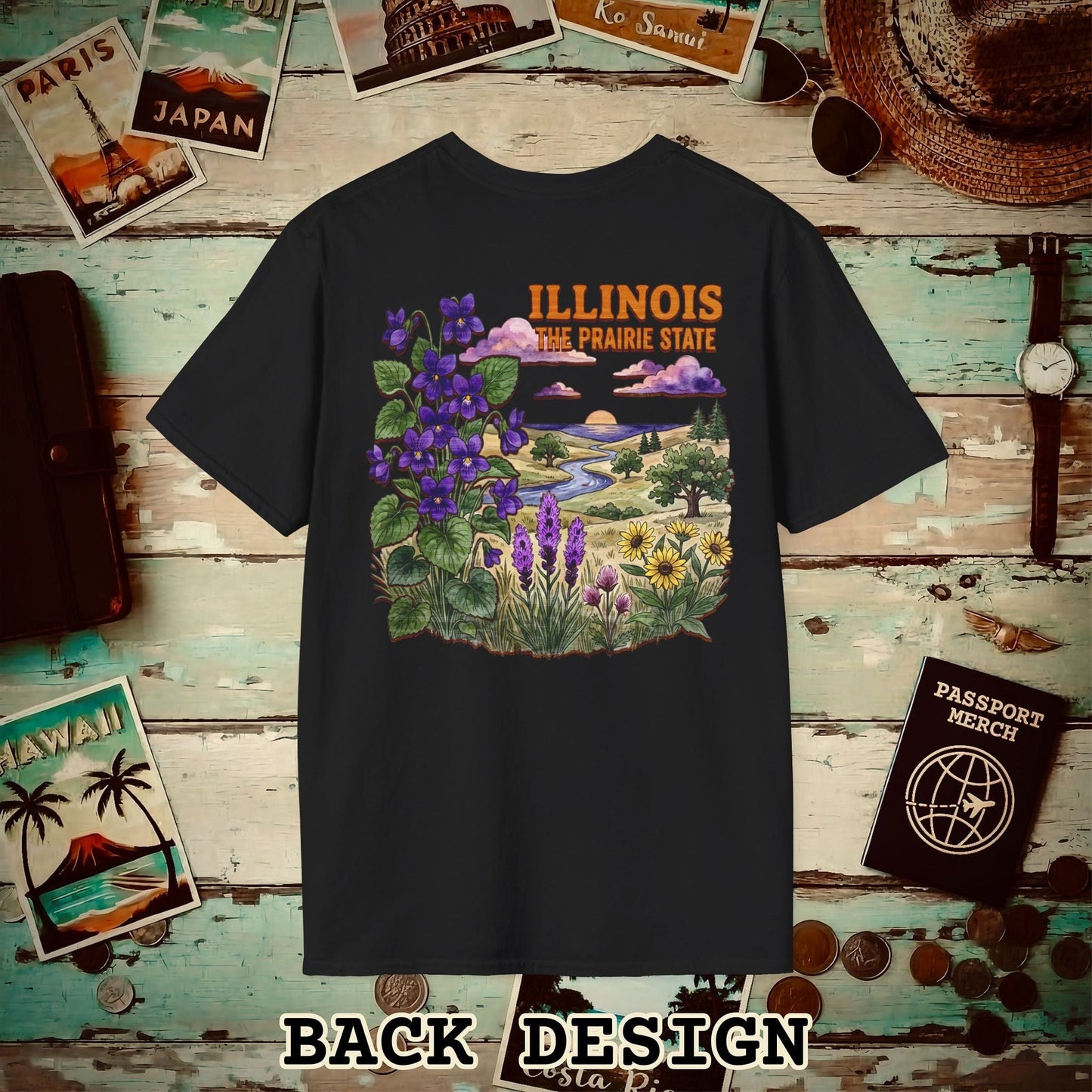 Illinois Flowers in Watercolored Oak Back Print T-Shirt Black / S