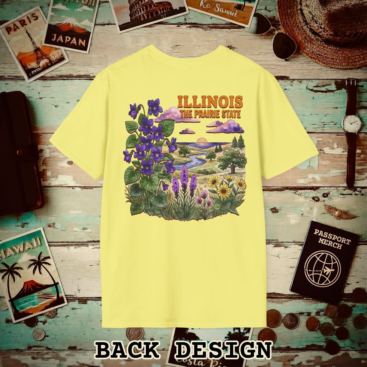 Illinois Flowers in Watercolored Oak Back Print T-Shirt Cornsilk / S