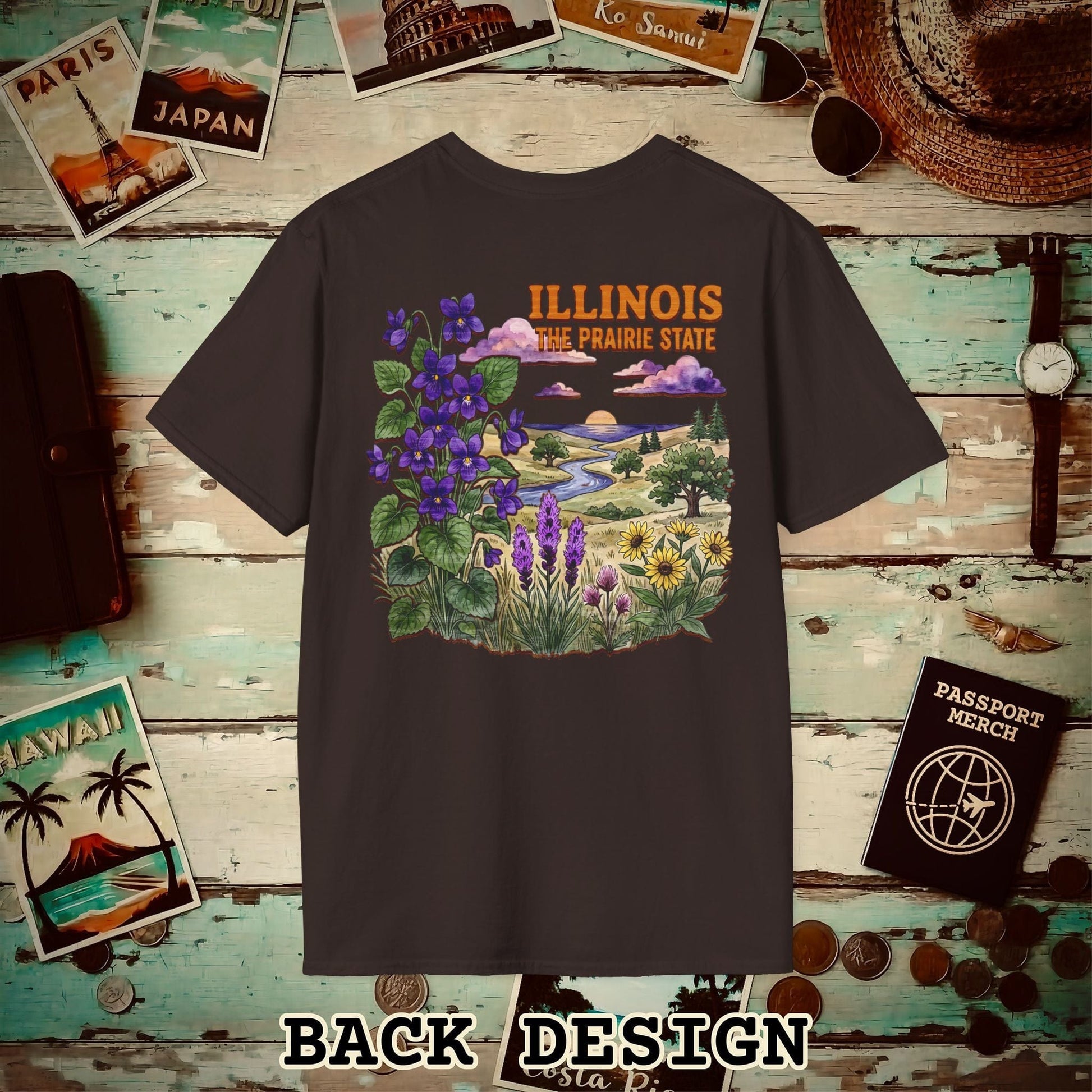 Illinois Flowers in Watercolored Oak Back Print T-Shirt Dark Chocolate / S
