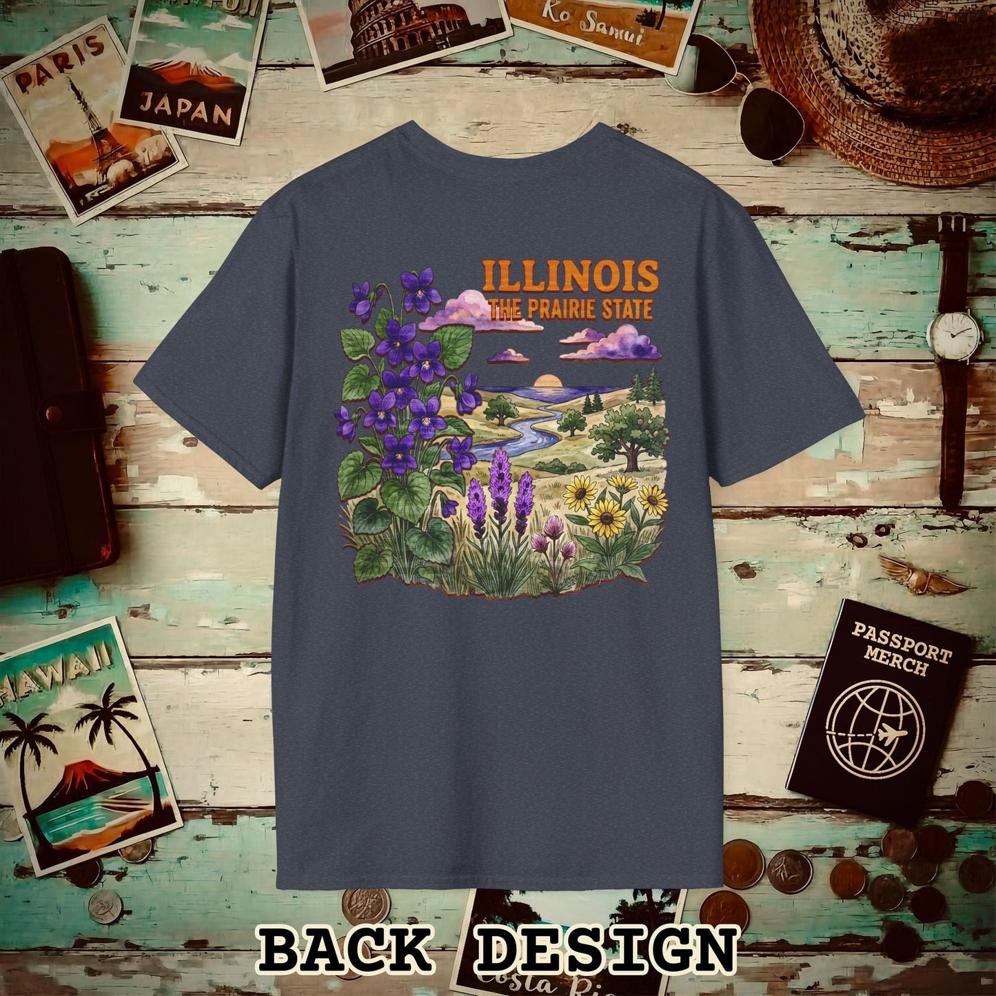 Illinois Flowers in Watercolored Oak Back Print T-Shirt Heather Navy / S