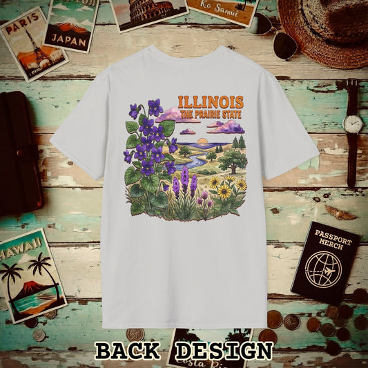 Illinois Flowers in Watercolored Oak Back Print T-Shirt Ice Grey / S