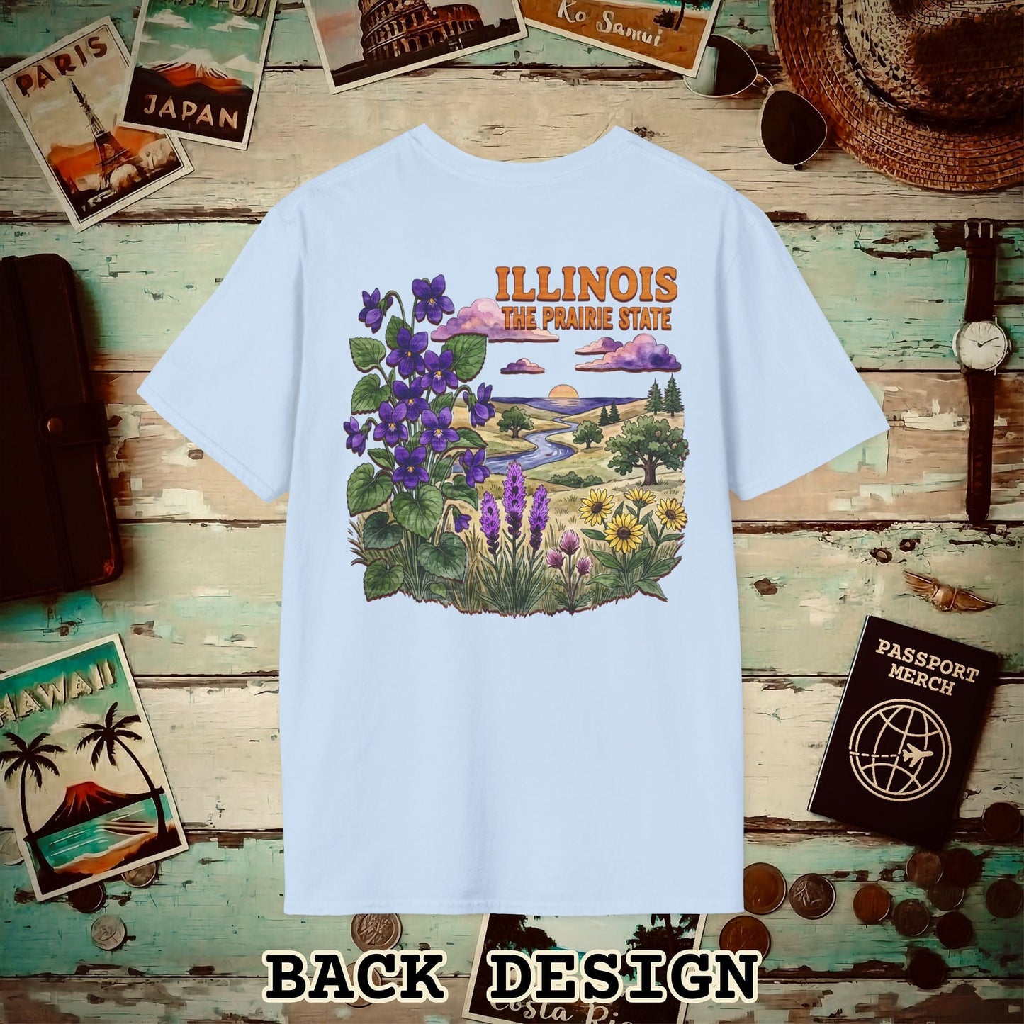Illinois Flowers in Watercolored Oak Back Print T-Shirt Light Blue / S