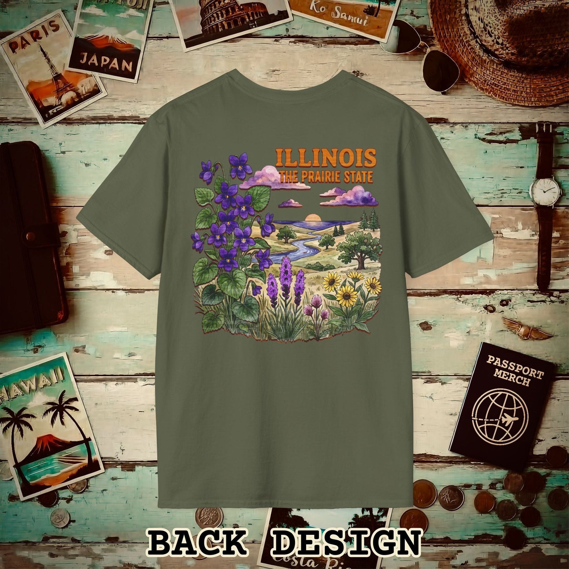 Illinois Flowers in Watercolored Oak Back Print T-Shirt Military Green / S
