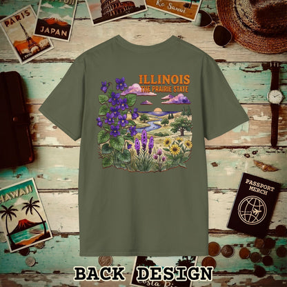 Illinois Flowers in Watercolored Oak Back Print T-Shirt Military Green / S