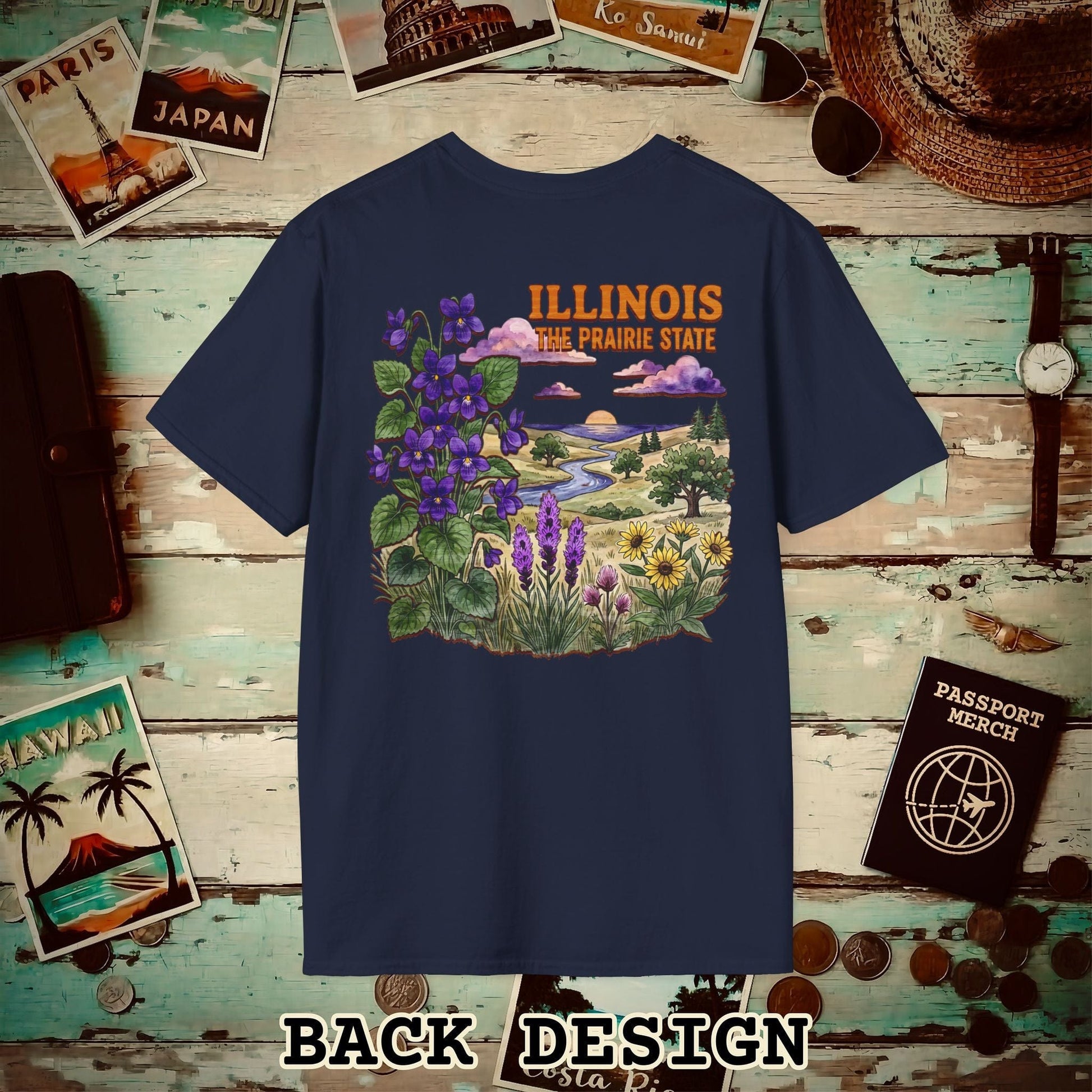 Illinois Flowers in Watercolored Oak Back Print T-Shirt Navy / S
