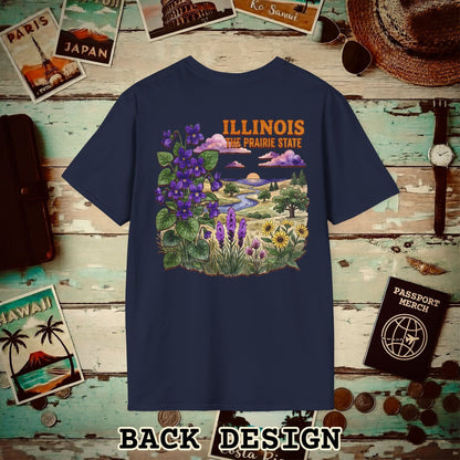 Illinois Flowers in Watercolored Oak Back Print T-Shirt Navy / S