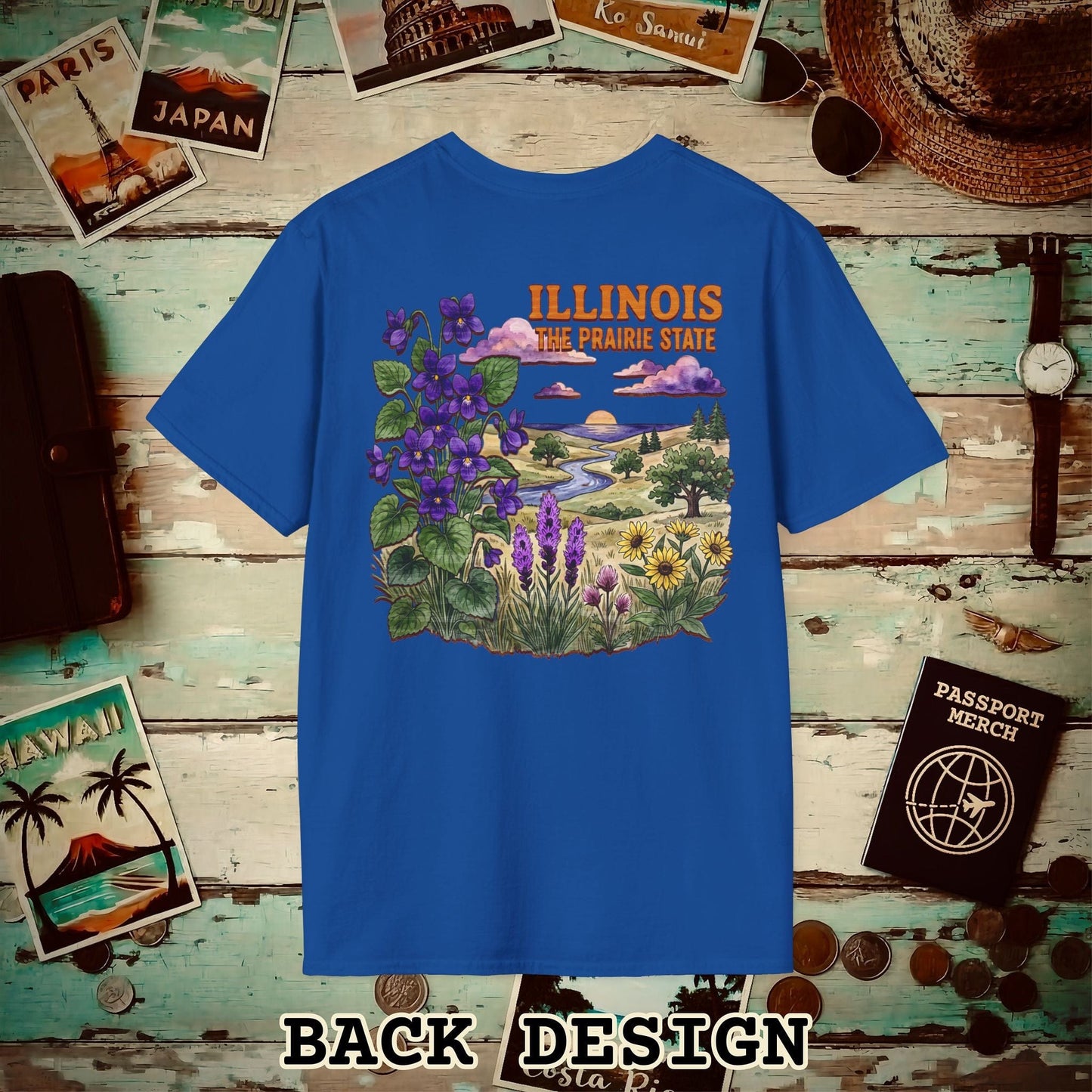Illinois Flowers in Watercolored Oak Back Print T-Shirt Royal / S