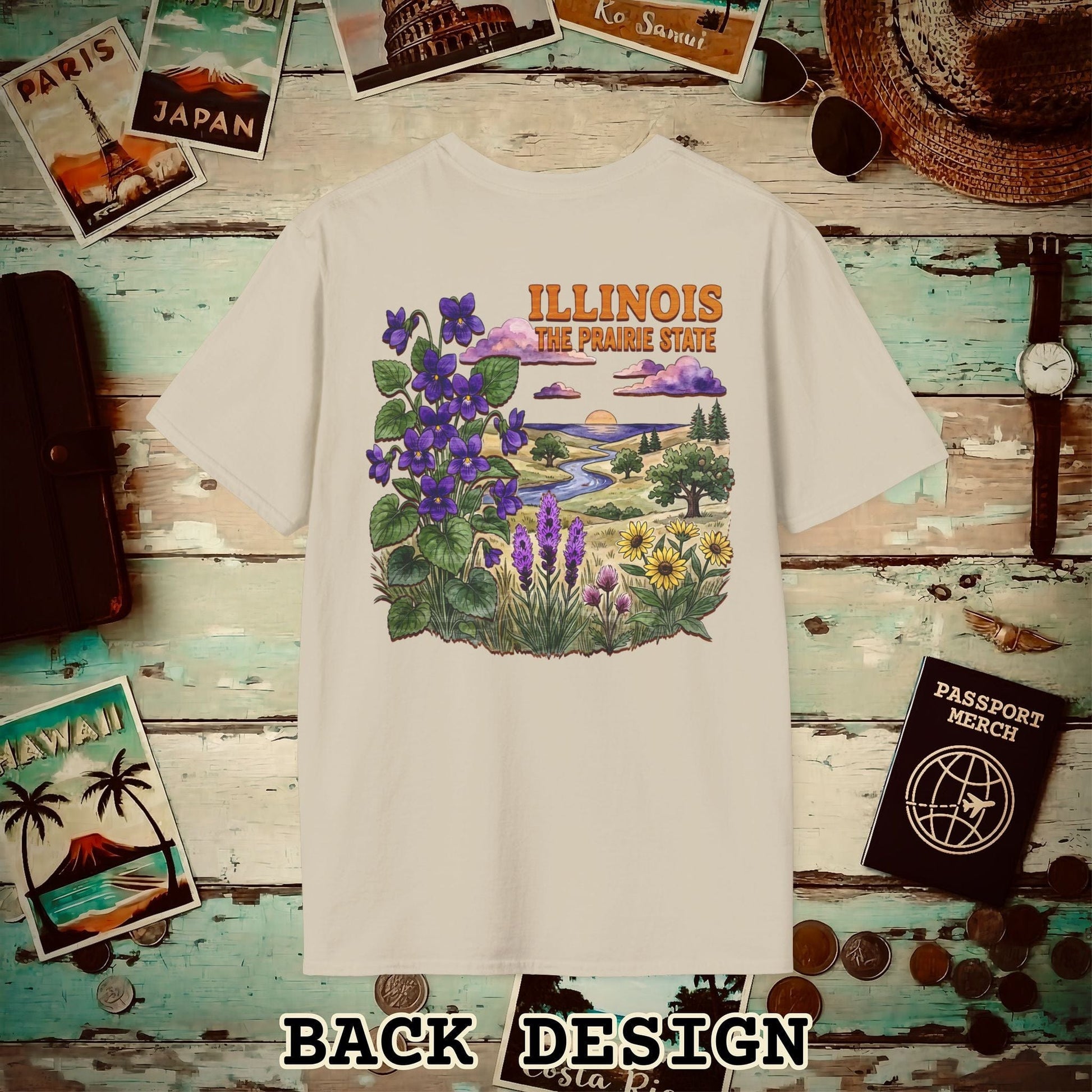 Illinois Flowers in Watercolored Oak Back Print T-Shirt Sand / S