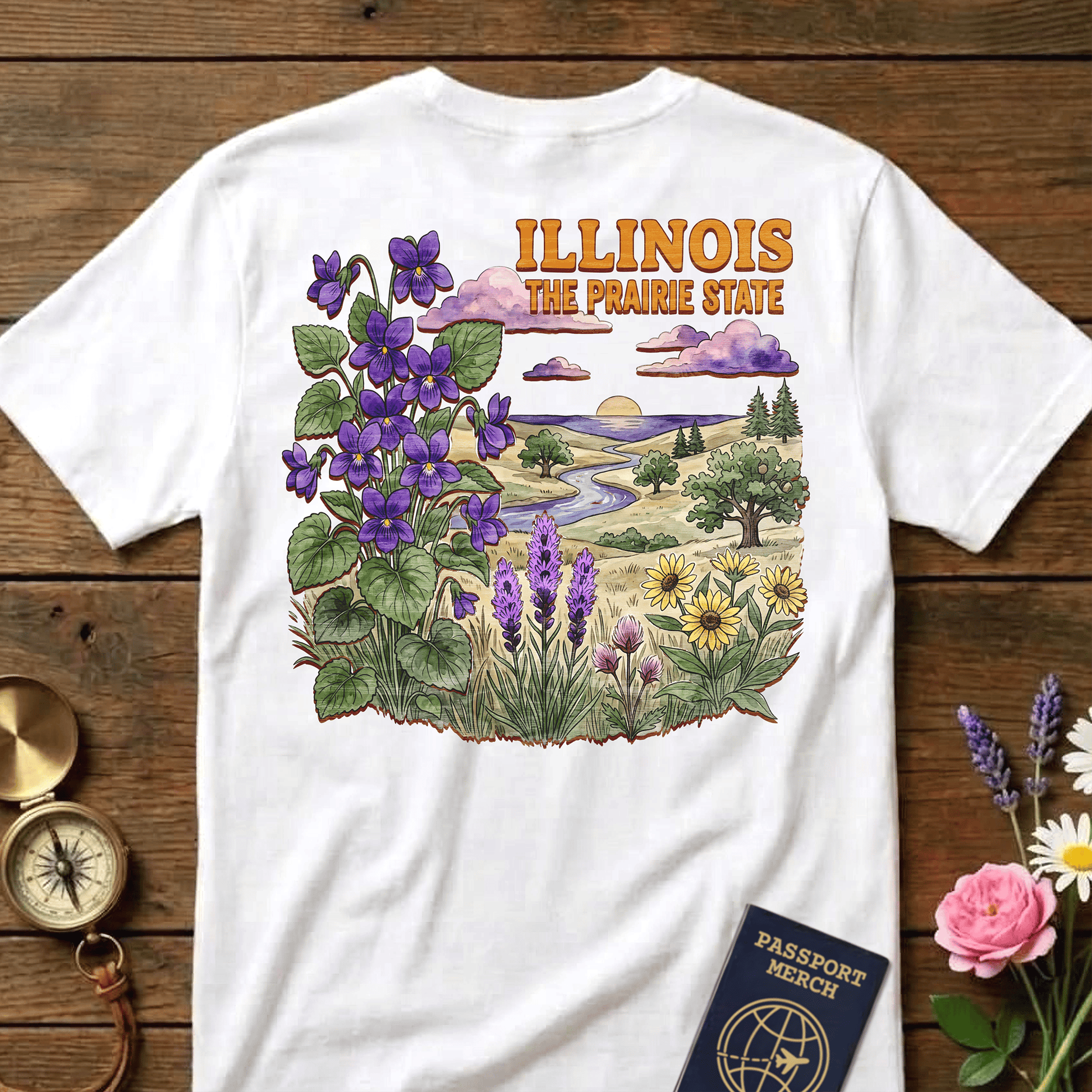 Illinois Flowers in Watercolored Oak Back Print T-Shirt White / S