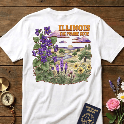 Illinois Flowers in Watercolored Oak Back Print T-Shirt White / S