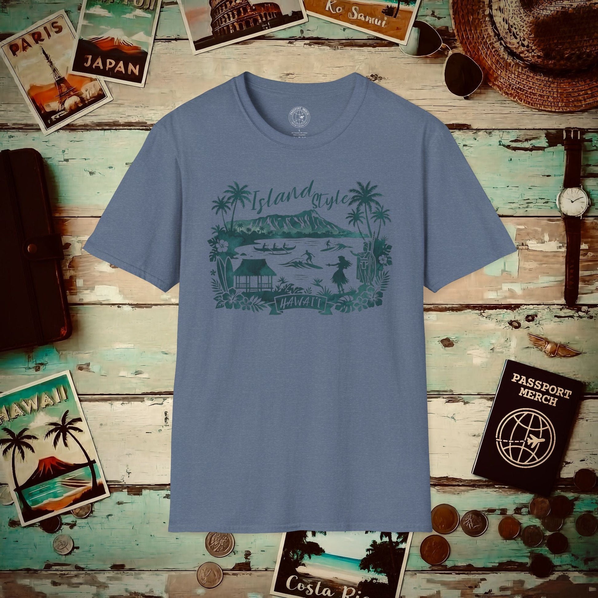 Island Style in Watercolor, Hawaii T-Shirt Heather Indigo / S